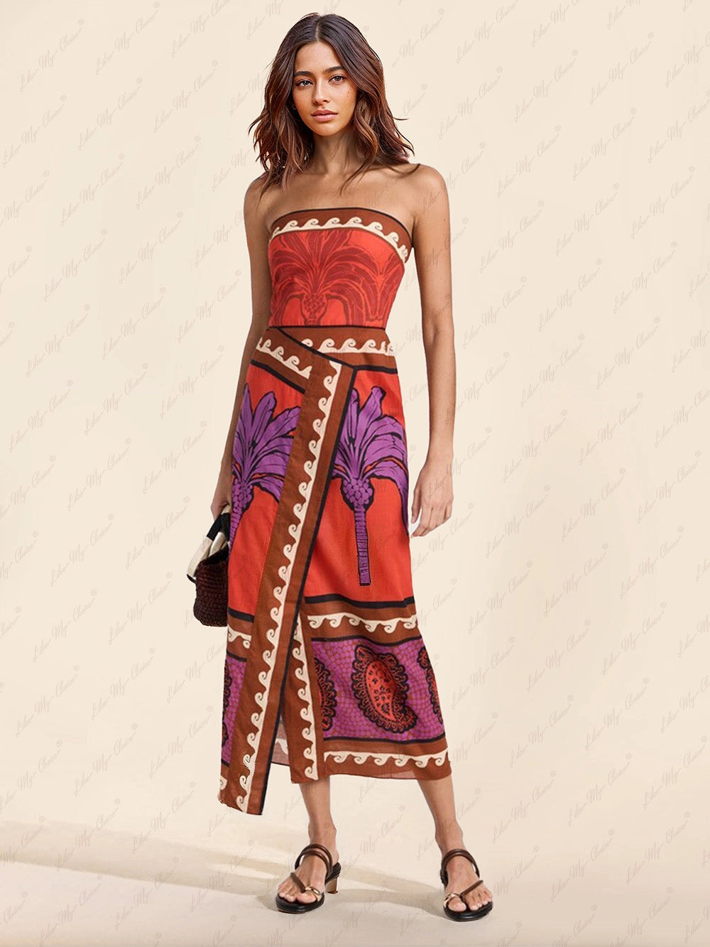 Niepowtarzalna sukienka midi z odkrytymi ramionami i motywem kwiatowym Palm Tree