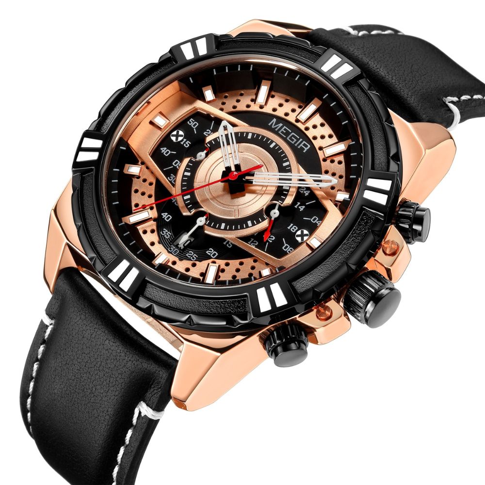 Elegancki Kwarcowy Chronograf Sportowy Zegarek Militarny ze Skórzanym Paskiem