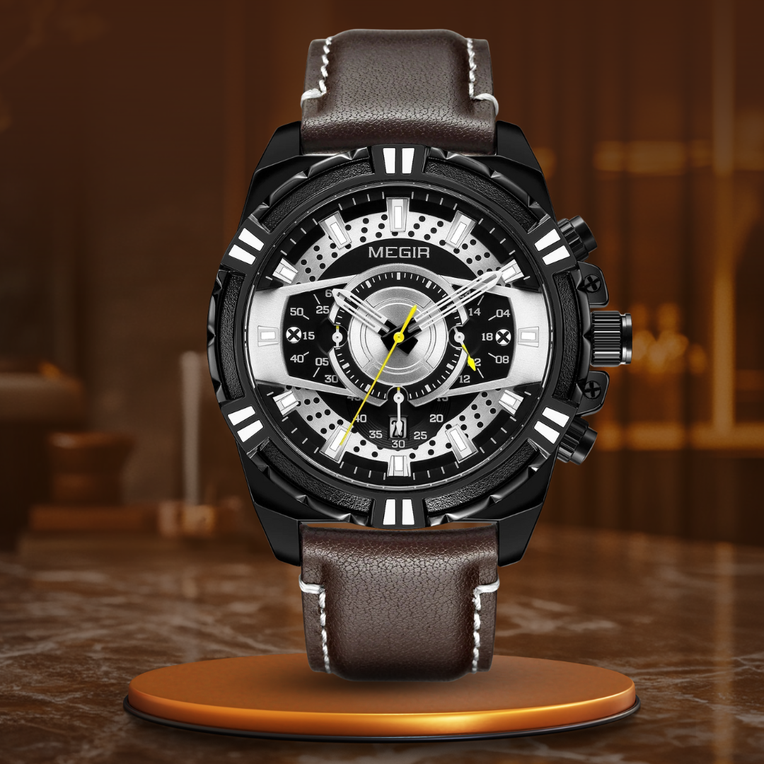 Elegancki Kwarcowy Chronograf Sportowy Zegarek Militarny ze Skórzanym Paskiem