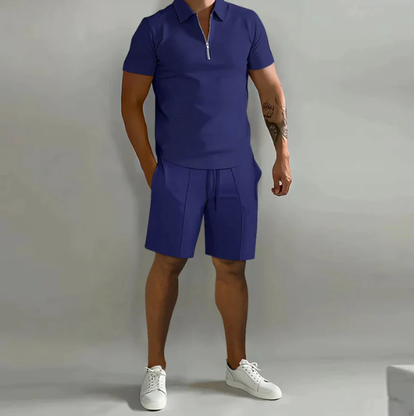 Męskie Polo Z Zamkiem I Szorty Ze Ściągaczem | Stylowy Casual Zestaw