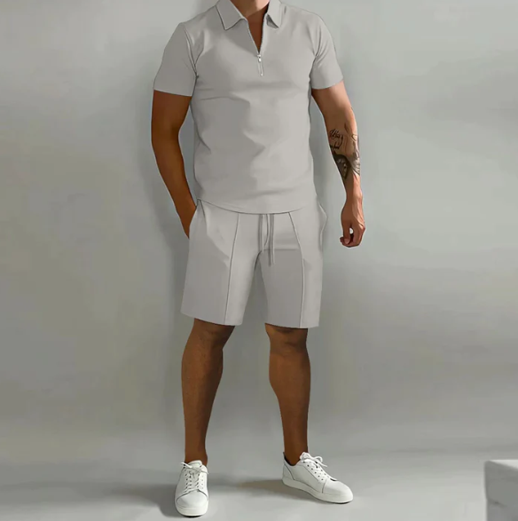 Męskie Polo Z Zamkiem I Szorty Ze Ściągaczem | Stylowy Casual Zestaw
