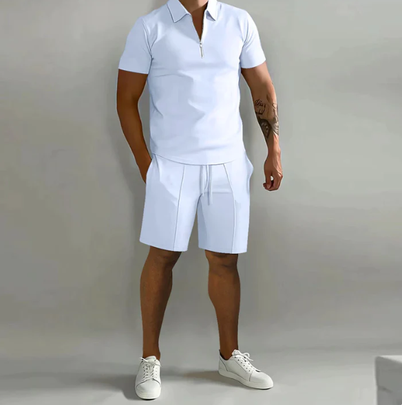 Męskie Polo Z Zamkiem I Szorty Ze Ściągaczem | Stylowy Casual Zestaw