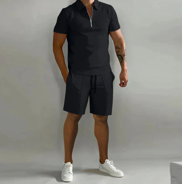 Męskie Polo Z Zamkiem I Szorty Ze Ściągaczem | Stylowy Casual Zestaw