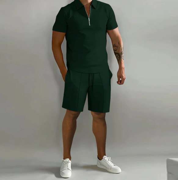Męskie Polo Z Zamkiem I Szorty Ze Ściągaczem | Stylowy Casual Zestaw