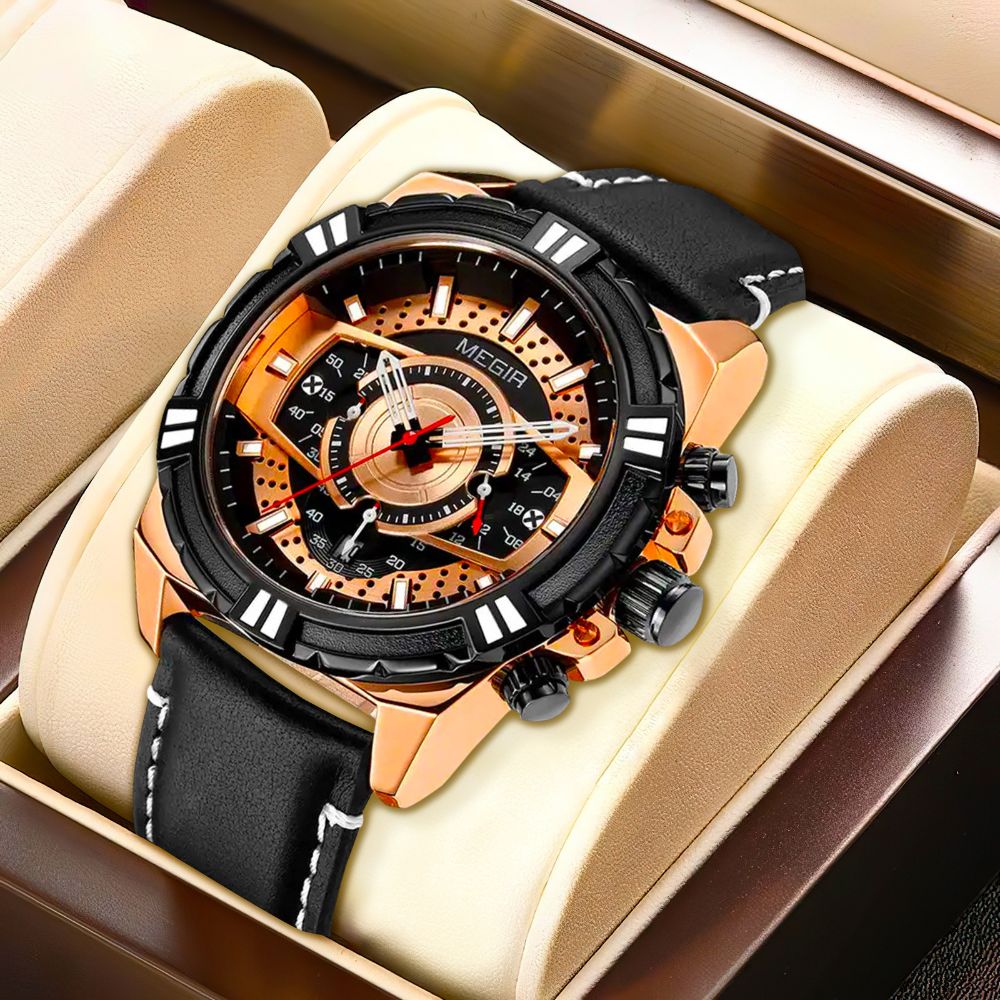 Elegancki Kwarcowy Chronograf Sportowy Zegarek Militarny ze Skórzanym Paskiem