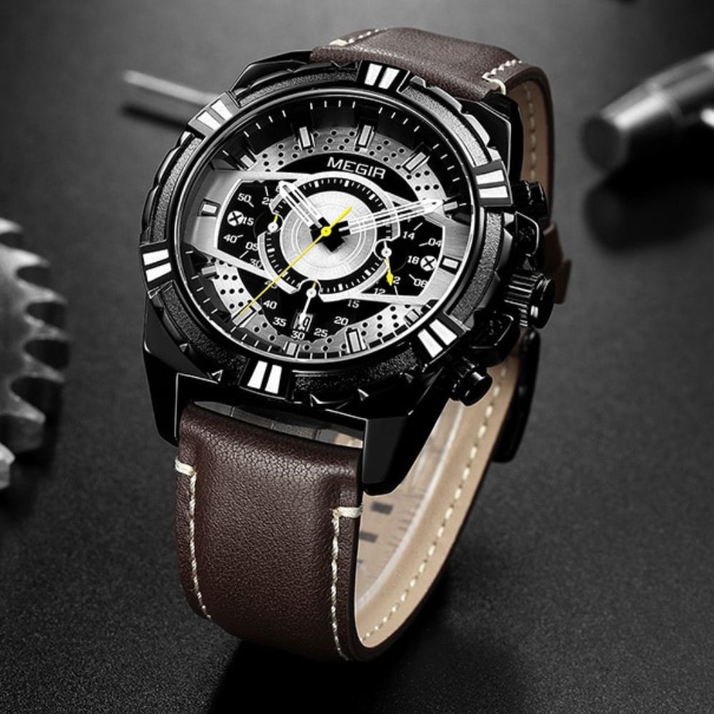 Elegancki Kwarcowy Chronograf Sportowy Zegarek Militarny ze Skórzanym Paskiem