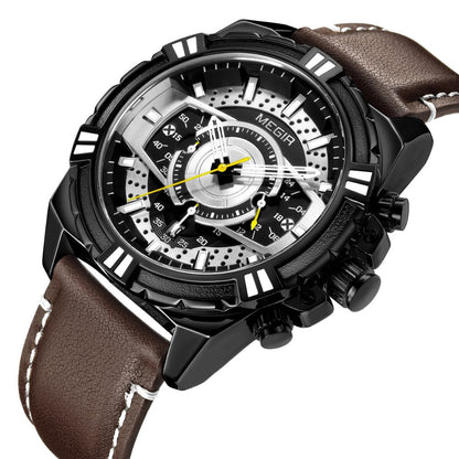 Elegancki Kwarcowy Chronograf Sportowy Zegarek Militarny ze Skórzanym Paskiem