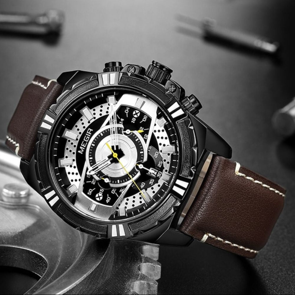 Elegancki Kwarcowy Chronograf Sportowy Zegarek Militarny ze Skórzanym Paskiem