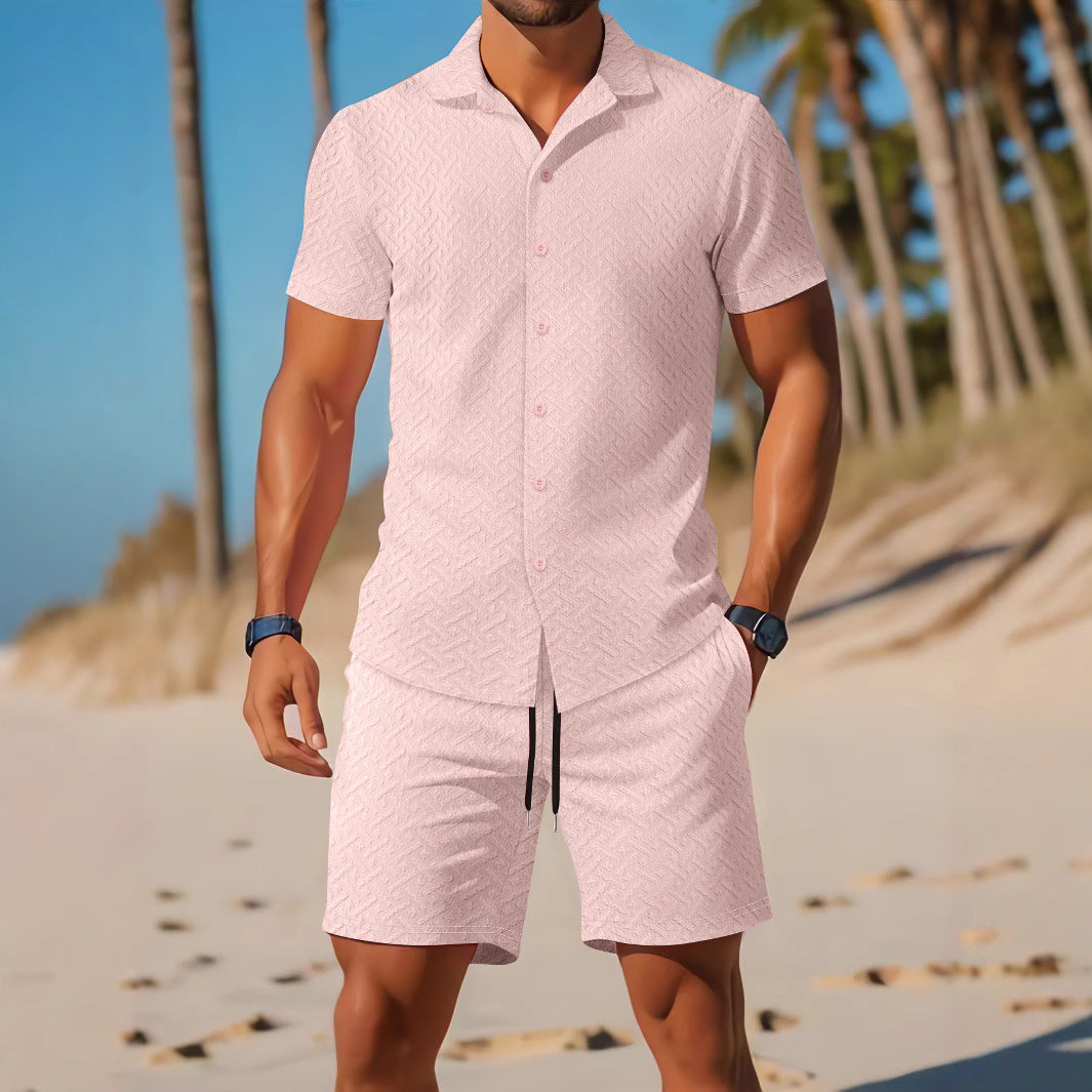 Męski Zestaw Koszula I Szorty | Slim Fit Z Tłoczonym Wzorem