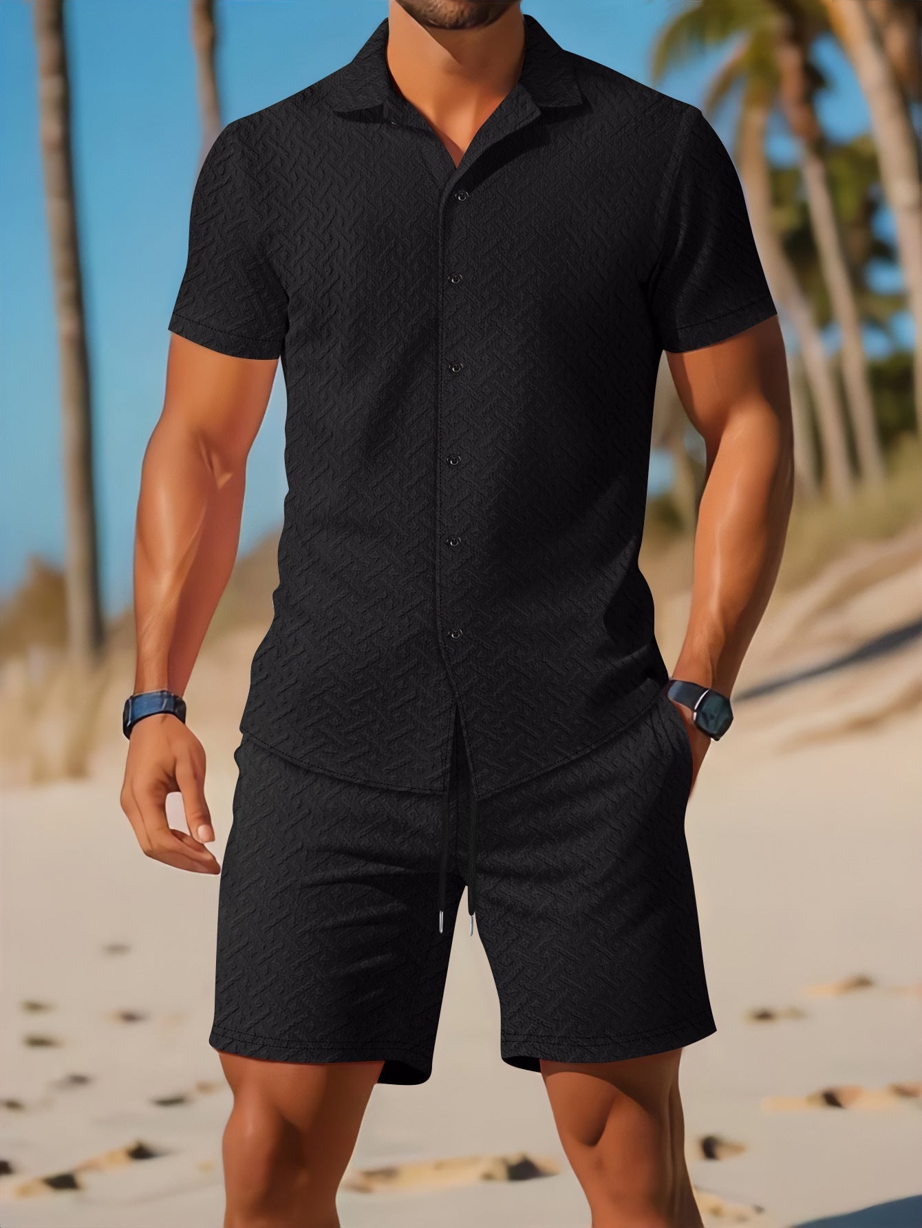 Męski Zestaw Koszula I Szorty | Slim Fit Z Tłoczonym Wzorem