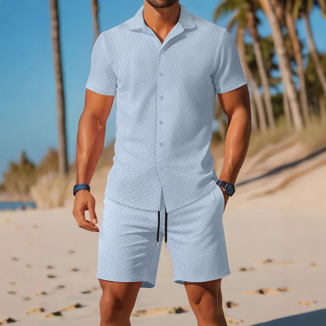 Męski Zestaw Koszula I Szorty | Slim Fit Z Tłoczonym Wzorem
