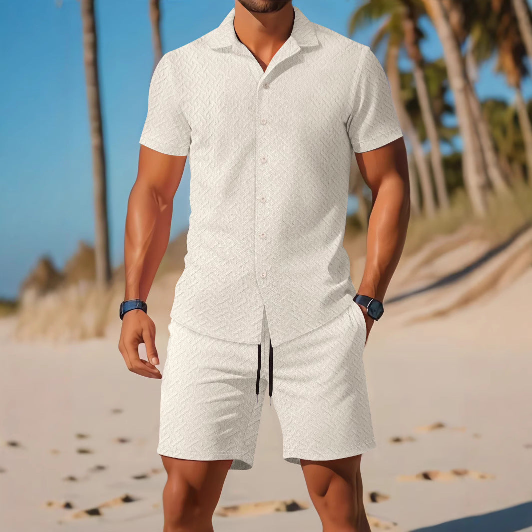 Męski Zestaw Koszula I Szorty | Slim Fit Z Tłoczonym Wzorem