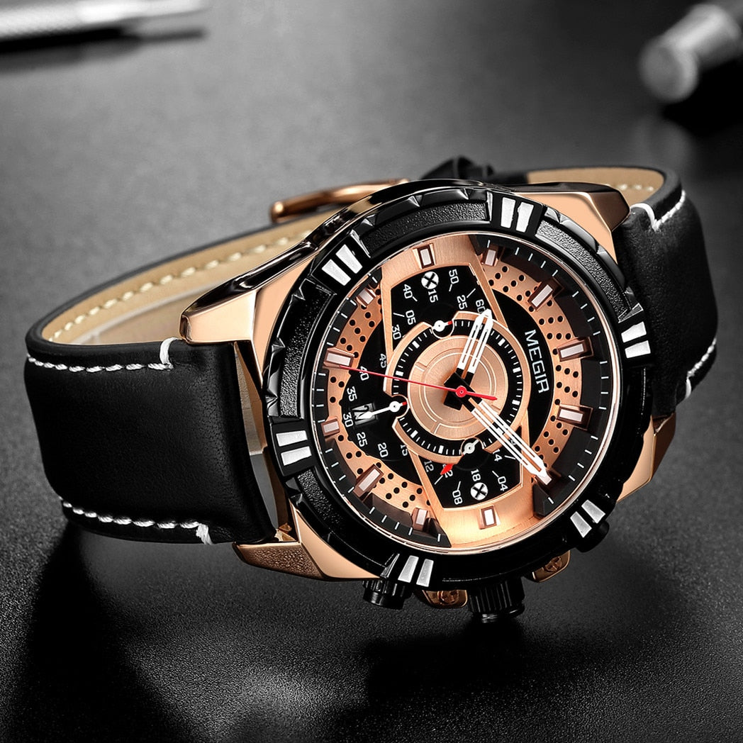 Elegancki Kwarcowy Chronograf Sportowy Zegarek Militarny ze Skórzanym Paskiem