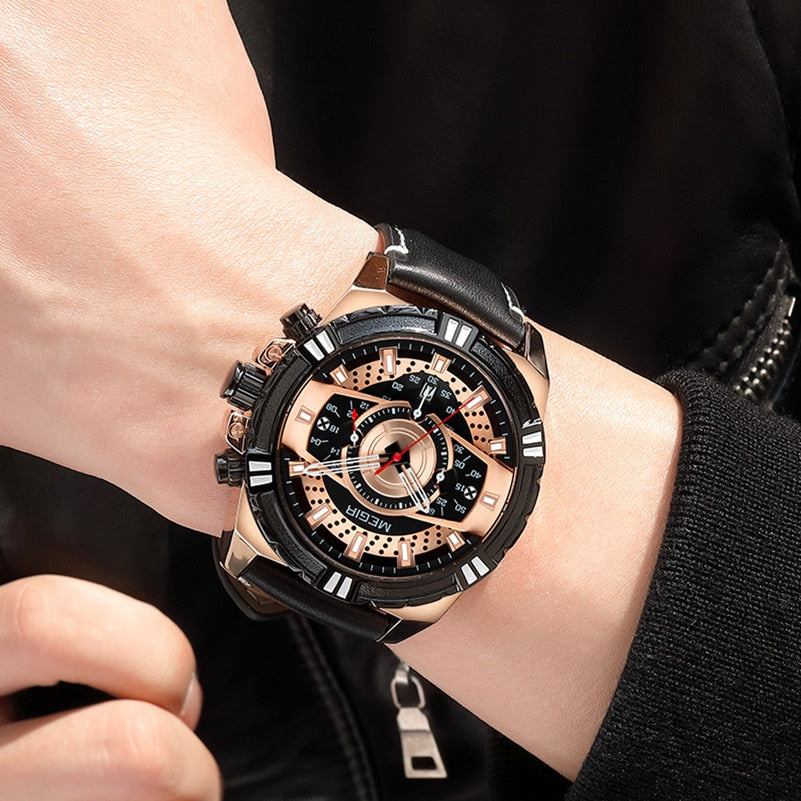 Elegancki Kwarcowy Chronograf Sportowy Zegarek Militarny ze Skórzanym Paskiem
