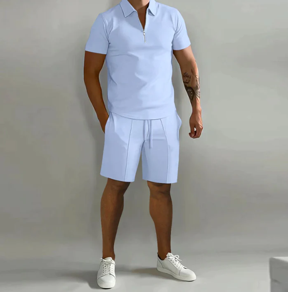 Męskie Polo Z Zamkiem I Szorty Ze Ściągaczem | Stylowy Casual Zestaw