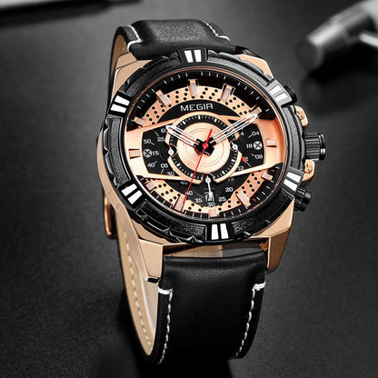 Elegancki Kwarcowy Chronograf Sportowy Zegarek Militarny ze Skórzanym Paskiem