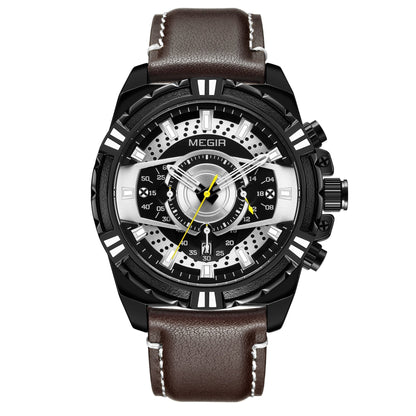 Elegancki Kwarcowy Chronograf Sportowy Zegarek Militarny ze Skórzanym Paskiem